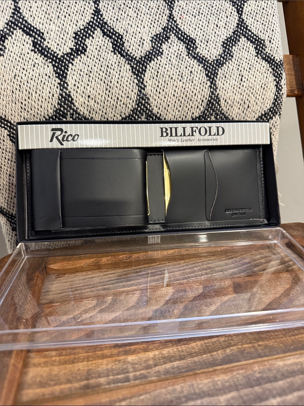 Vintage Rico Genuine Leather Bifold Wallet Money Clip Black NOS Gift Box